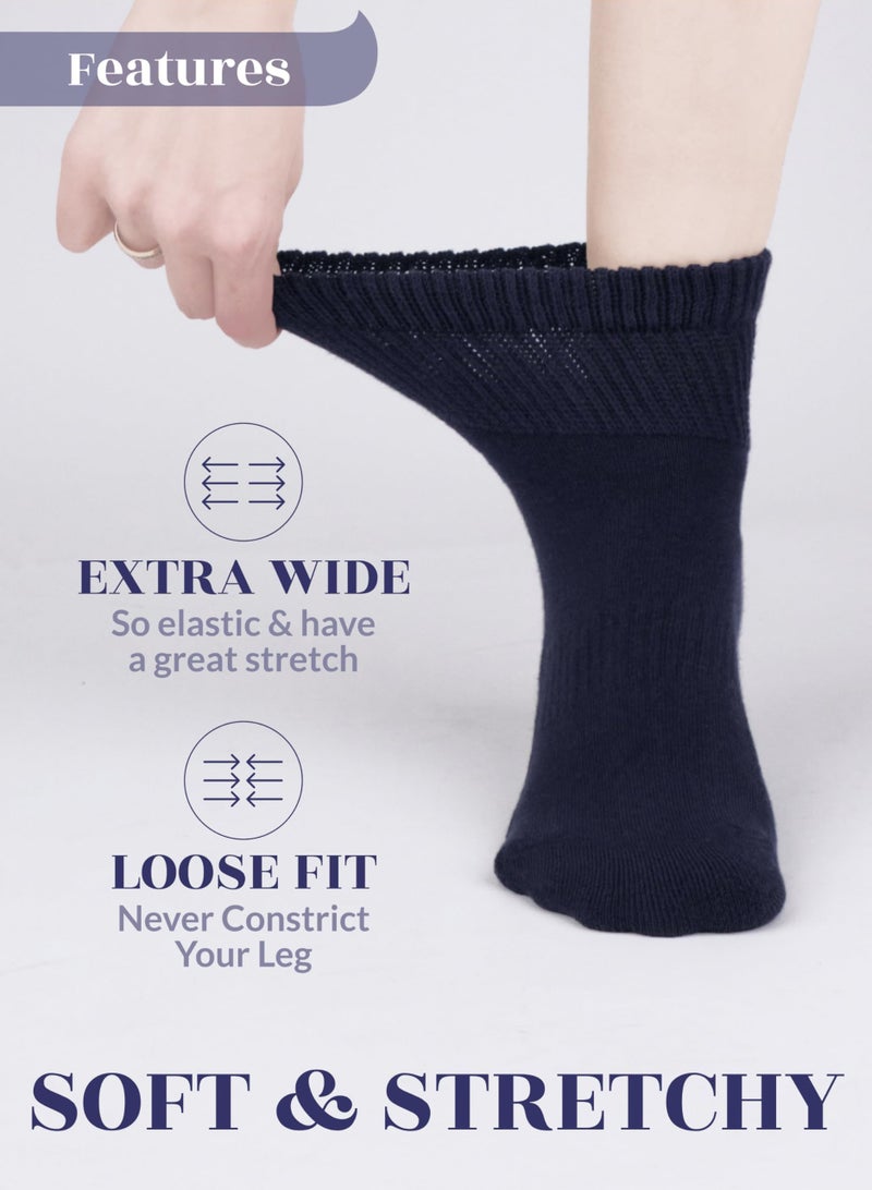 Hugh Ugoli Women's Cotton Diabetic Ankle Socks, Wide, Loose & Stretchy, Seamless Toe & Non Binding Top, Semi Cushion, 3 Pairs, Navy Blue, Shoe Size: 9-12 - Image 2